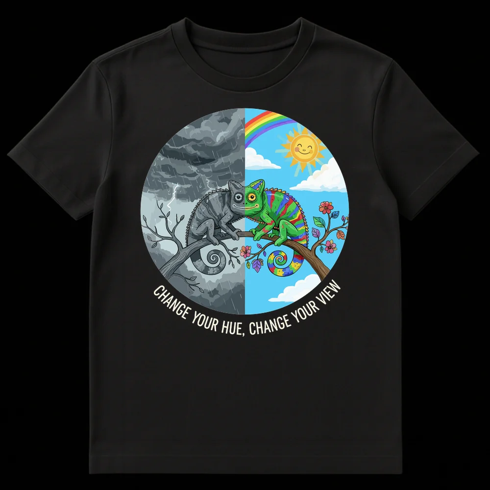 Chameleon t-shirt design split between stormy gray and vibrant rainbow, with text 'CHANGE YOUR HUE, CHANGE YOUR VIEW' on Black t-shirt