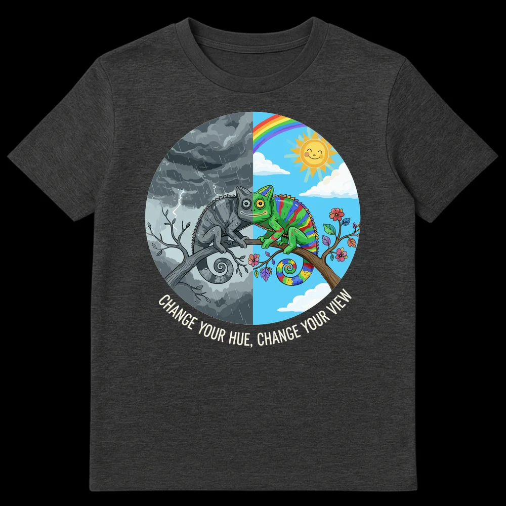 Chameleon t-shirt design split between stormy gray and vibrant rainbow, with text 'CHANGE YOUR HUE, CHANGE YOUR VIEW' on Dark Heather t-shirt