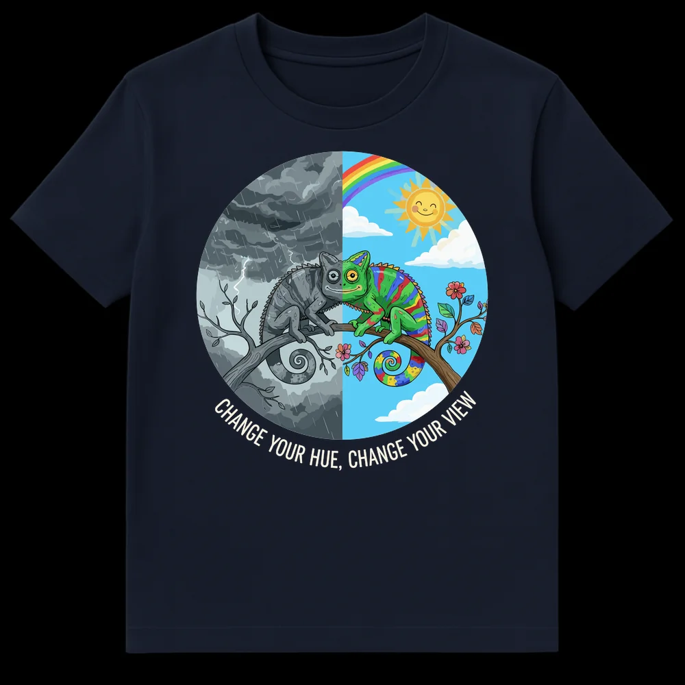 Chameleon t-shirt design split between stormy gray and vibrant rainbow, with text 'CHANGE YOUR HUE, CHANGE YOUR VIEW' on Navy Blue t-shirt