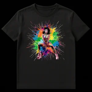 Vibrant Pop Culture Icon T-Shirt featuring a female performer in an iridescent outfit with colorful paint splatters on a black background on Black t-shirt