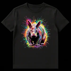Colorful splash art aardvark graphic t-shirt on a black background, featuring an abstract expressionist style with vibrant rainbow colors. on Black t-shirt