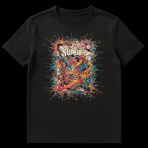 Vibrant "SUPERHERO" t-shirt featuring a chaotic, multi-figure comic book battle scene with dynamic splatter paint effects against a black background. on Black t-shirt