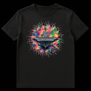 Aircraft Carrier Splatter Art T-Shirt depicting a grey naval warship against a vibrant, multicolor abstract paint explosion on a black background on Black t-shirt