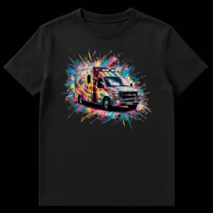 Dynamic abstract splatter art t-shirt featuring a vibrant Type III ambulance surrounded by colorful paint splashes on a black background. on Black t-shirt