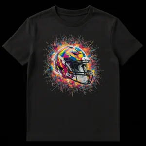 American football helmet t-shirt with colorful abstract paint splatters on Black t-shirt