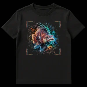 Vibrant neo-expressionistic deep-sea predator fish t-shirt design with watercolor splashes and rich, multi-chromatic colors against a black background. on Black t-shirt