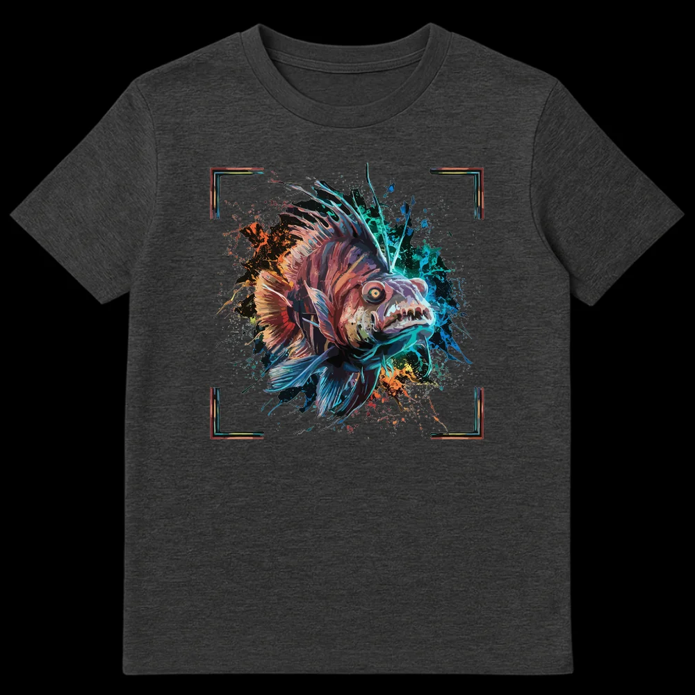 Vibrant neo-expressionistic deep-sea predator fish t-shirt design with watercolor splashes and rich, multi-chromatic colors against a black background. on Dark Heather t-shirt