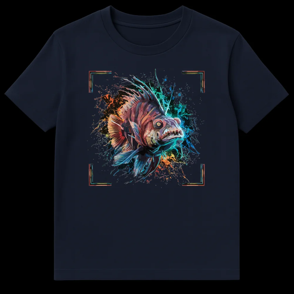 Vibrant neo-expressionistic deep-sea predator fish t-shirt design with watercolor splashes and rich, multi-chromatic colors against a black background. on Navy Blue t-shirt