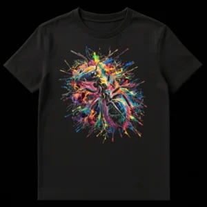 Colorful Ant Splatter Art Unisex T-Shirt with vibrant paint explosion on black background on Black t-shirt