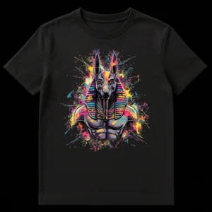 Vibrant pop art Anubis Egyptian god t-shirt with colorful paint splatters on a black background on Black t-shirt