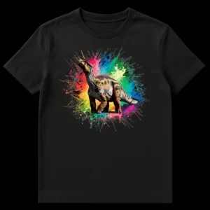 Lambeosaurus Rainbow Splatter Dinosaur Art T-Shirt for Dinosaur Lovers and Art Enthusiasts on Black t-shirt