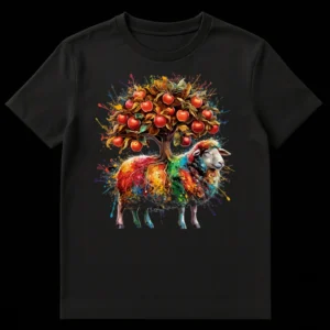 Vibrant abstract t-shirt design featuring a sheep with an apple tree growing from its back, rendered in colorful paint splatters on a black background. on Black t-shirt