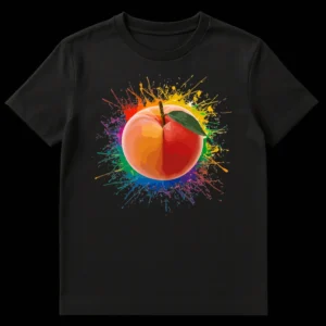 Vibrant peach graphic t-shirt with rainbow paint splatters on a black background, artistic and colorful design. on Black t-shirt