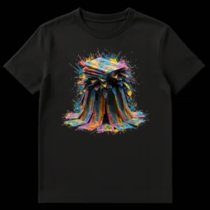 Abstract exploding tickets t-shirt design on a black background, representing a lottery jackpot explosion with vibrant colors. on Black t-shirt