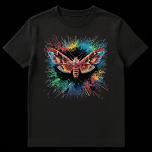 Moth Lover Vibrant Moth Burst Nature Apparel Unisex T-Shirt featuring a colorful moth design with paint splatters on Black t-shirt