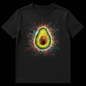 Vibrant avocado t-shirt design with colorful paint splatters on a black background on Black t-shirt
