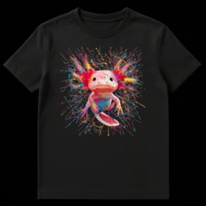 Vibrant axolotl t-shirt with colorful paint splatters on a black background on Black t-shirt