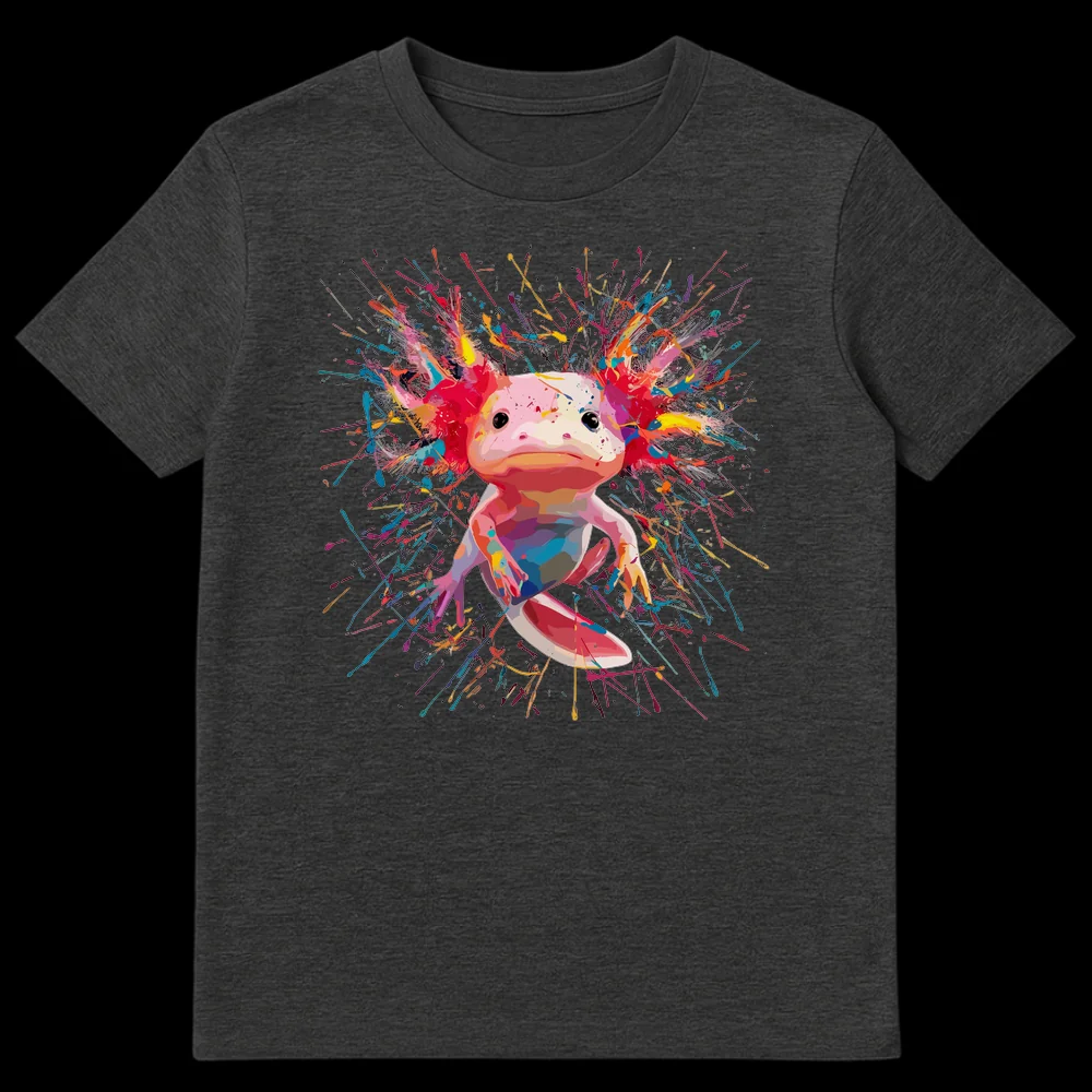 Vibrant axolotl t-shirt with colorful paint splatters on a black background on Dark Heather t-shirt