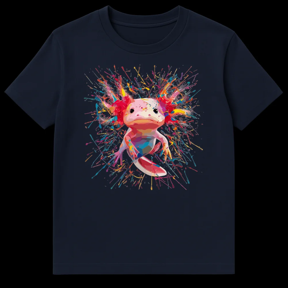 Vibrant axolotl t-shirt with colorful paint splatters on a black background on Navy Blue t-shirt