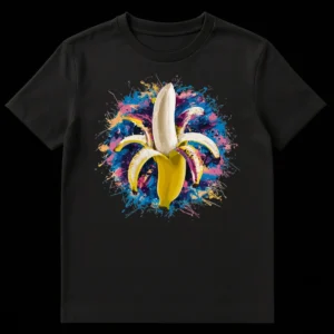 Peeled banana graphic art t-shirt with vibrant paint splatters on a black background, pop art style, abstract design on Black t-shirt