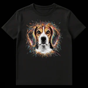 Vibrant splash art beagle dog t-shirt design with colorful paint splatters on a black background. on Black t-shirt