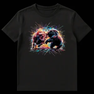 Vibrant Bull vs Bear t-shirt design in a paint splatter style, depicting market conflict for finance enthusiasts. on Black t-shirt