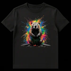 Vibrant beaver t-shirt design with colorful paint splatters on a black background, showcasing an energetic, artistic wildlife illustration. on Black t-shirt