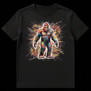 Abstract Splatter Art Bigfoot T-Shirt with colorful paint splashes and white outline on black background, showcasing a friendly Sasquatch figure. on Black t-shirt