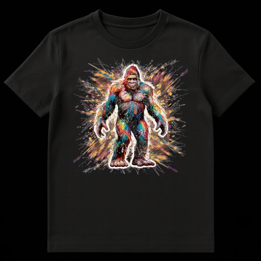 Abstract Splatter Art Bigfoot T-Shirt with colorful paint splashes and white outline on black background, showcasing a friendly Sasquatch figure. on Black t-shirt