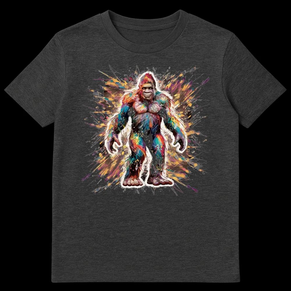 Abstract Splatter Art Bigfoot T-Shirt with colorful paint splashes and white outline on black background, showcasing a friendly Sasquatch figure. on Dark Heather t-shirt