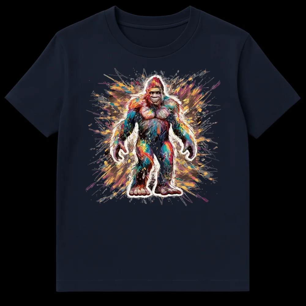 Abstract Splatter Art Bigfoot T-Shirt with colorful paint splashes and white outline on black background, showcasing a friendly Sasquatch figure. on Navy Blue t-shirt