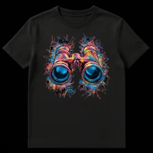 Vibrant splatter paint binoculars t-shirt on a black background, with colorful paint splashes in blue, purple, pink, orange, yellow, and red. on Black t-shirt