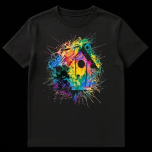 Vibrant Splatter Birdhouse T-Shirt with abstract expressionist paint splatters in yellow, blue, red, and green on a black background on Black t-shirt
