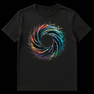 Vibrant Lens Aperture Swirl Art T-Shirt with colorful liquid paint vortex on black background, resembling a camera lens or black hole. on Black t-shirt
