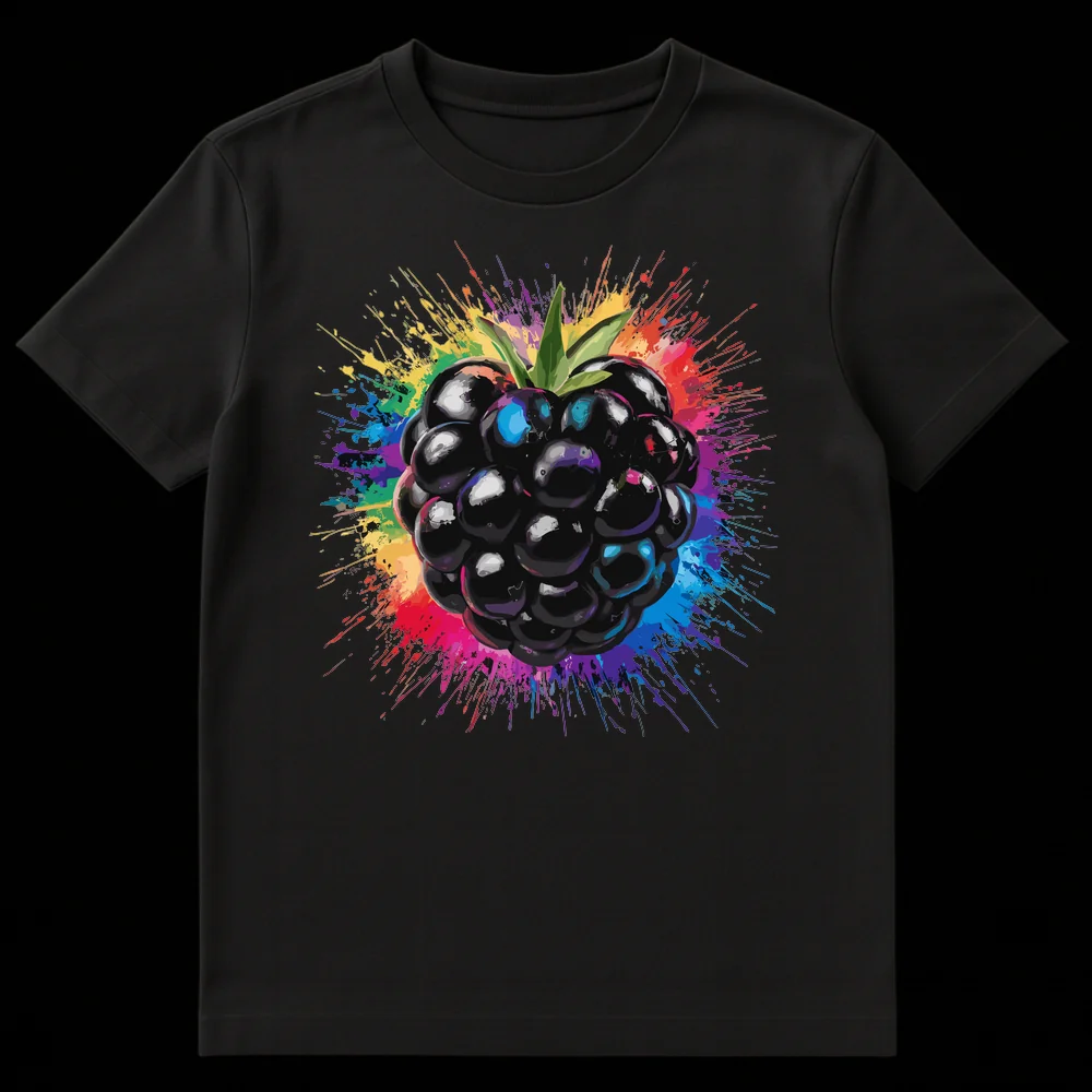Vibrant Blackberry Splash Unisex T-Shirt with glossy blackberry and rainbow paint splatters on a black background, artistic fruit design. on Black t-shirt