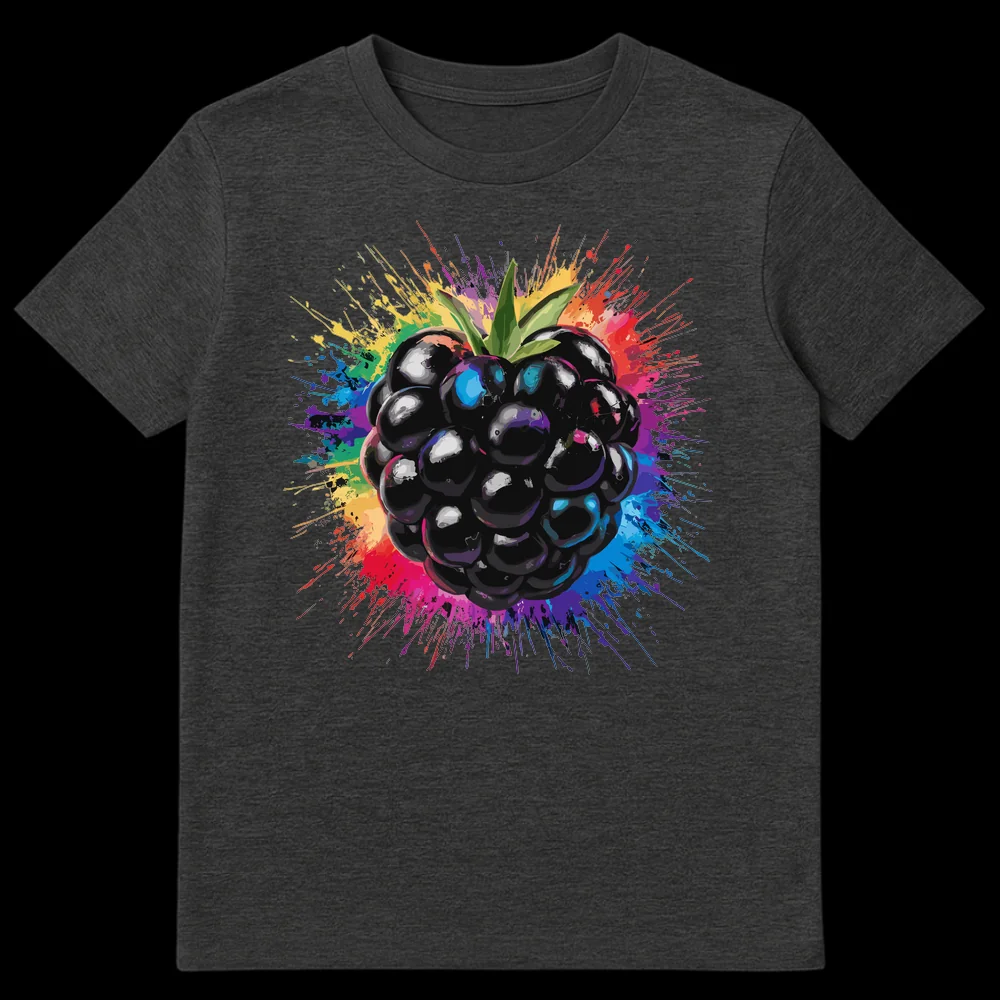 Vibrant Blackberry Splash Unisex T-Shirt with glossy blackberry and rainbow paint splatters on a black background, artistic fruit design. on Dark Heather t-shirt