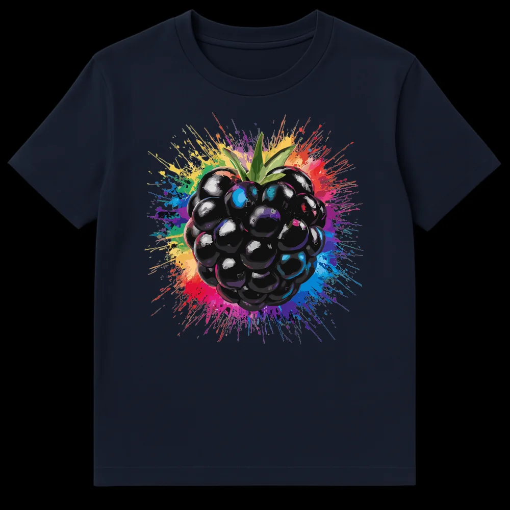 Vibrant Blackberry Splash Unisex T-Shirt with glossy blackberry and rainbow paint splatters on a black background, artistic fruit design. on Navy Blue t-shirt