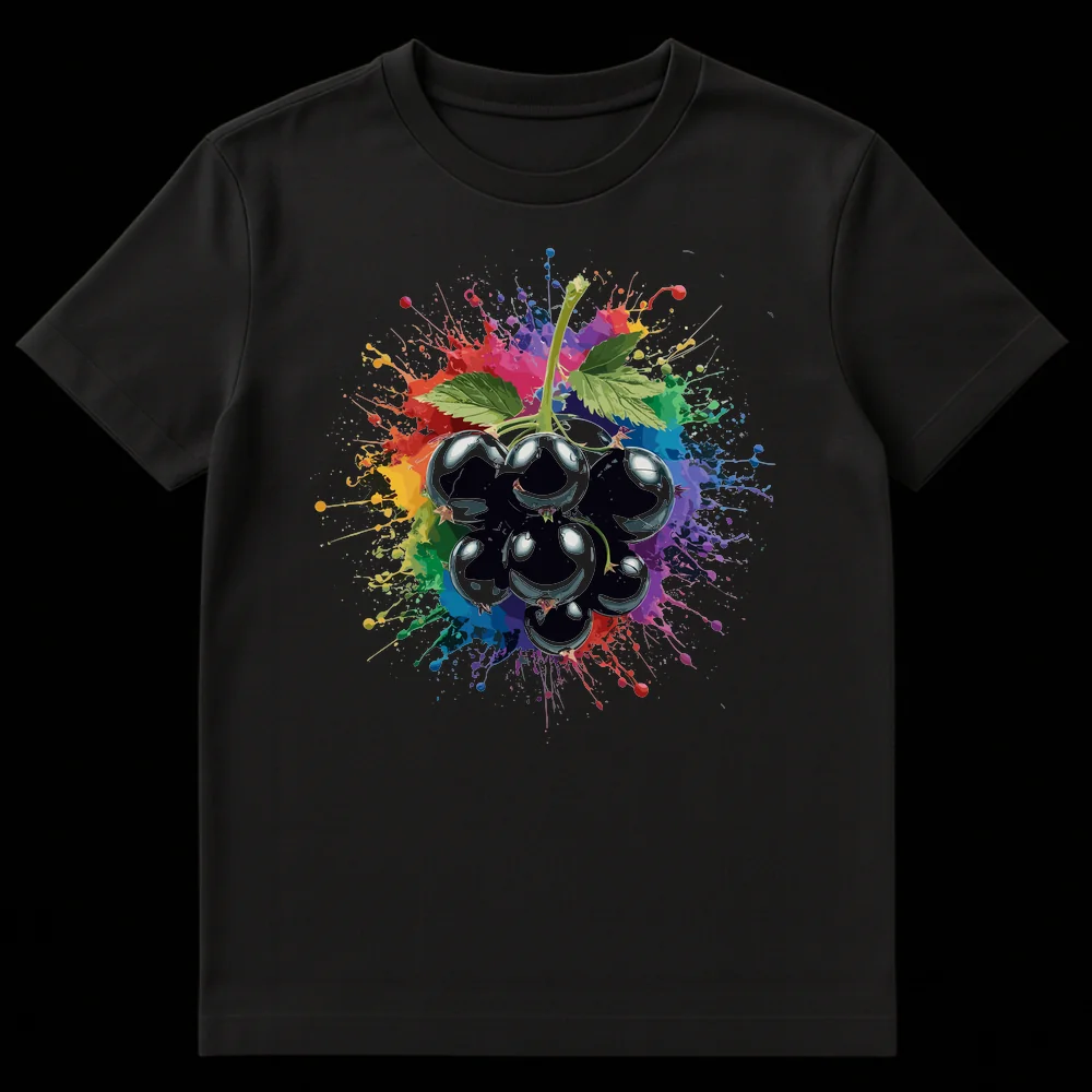 Glossy blackcurrants with rainbow paint splatter effect on a black unisex t-shirt on Black t-shirt