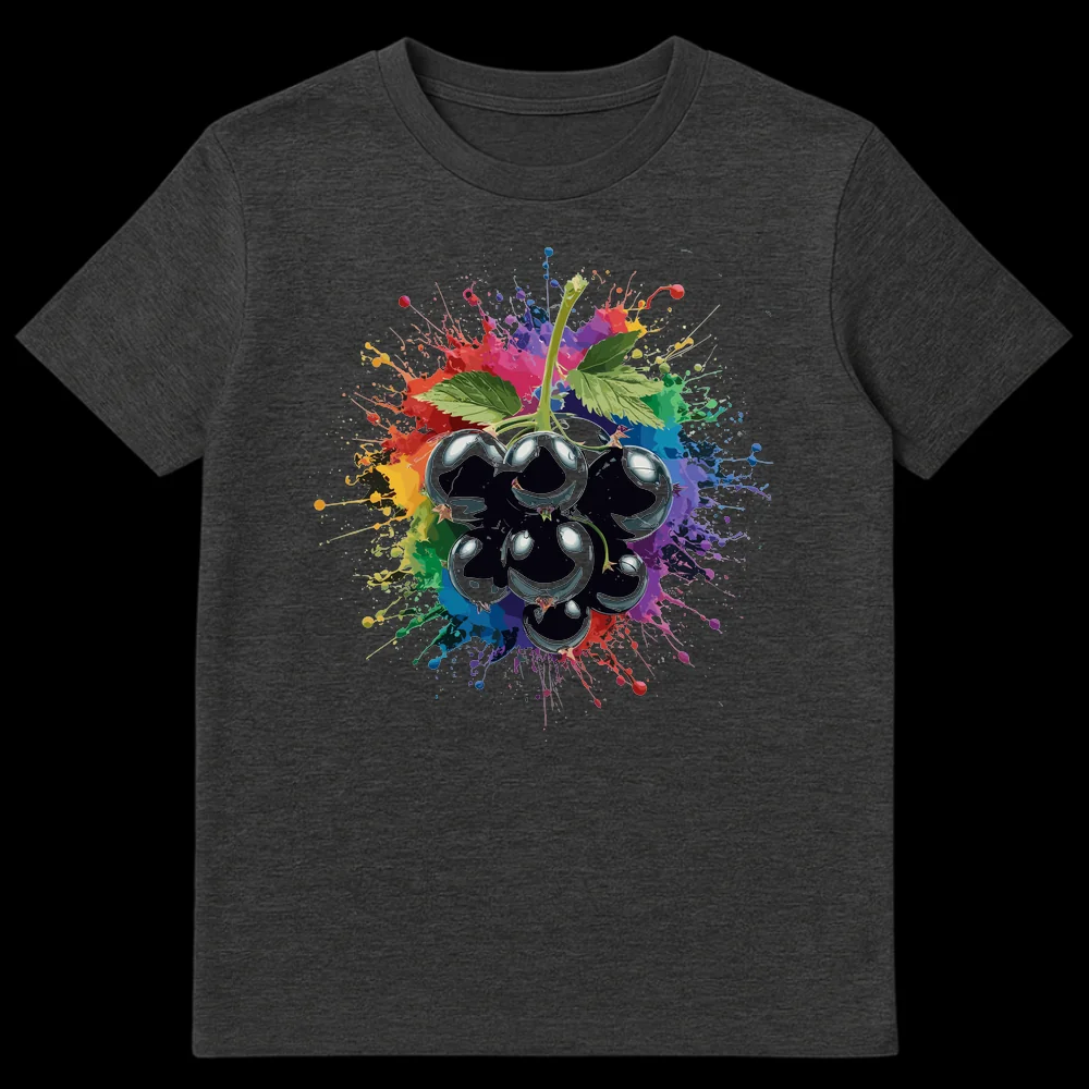 Glossy blackcurrants with rainbow paint splatter effect on a black unisex t-shirt on Dark Heather t-shirt