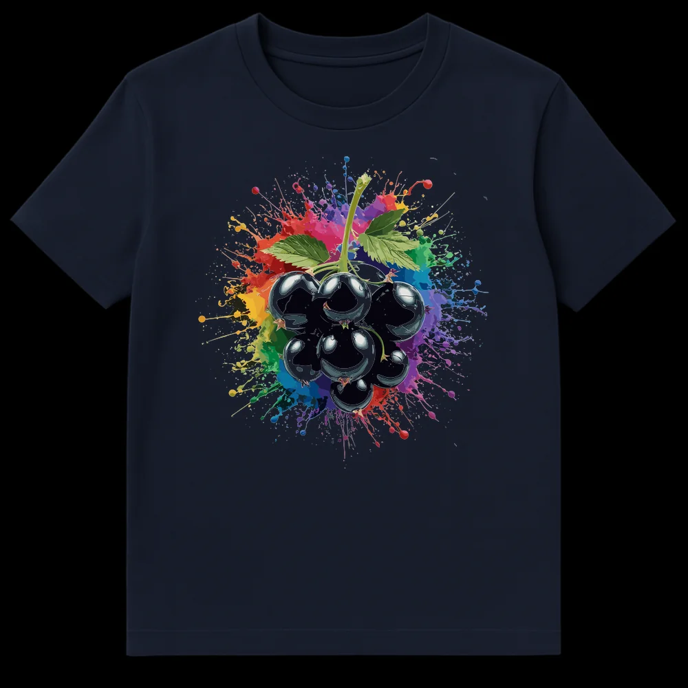 Glossy blackcurrants with rainbow paint splatter effect on a black unisex t-shirt on Navy Blue t-shirt