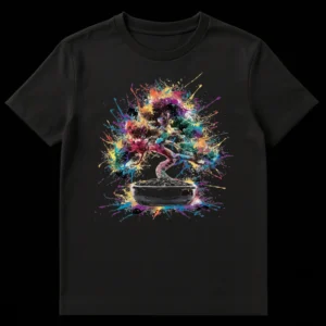 Vibrant Splatter Bonsai Tree T-Shirt design on black background, showcasing an abstract, colorful bonsai with paint splatters on Black t-shirt