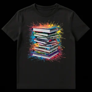 Vibrant t-shirt design featuring a stack of colorful books bursting with paint splatters on a black background, perfect for book lovers and reading enthusiasts. on Black t-shirt