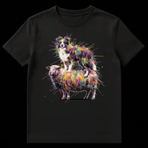 Vibrant splatter paint Border Collie standing on sheep t-shirt design on black background on Black t-shirt