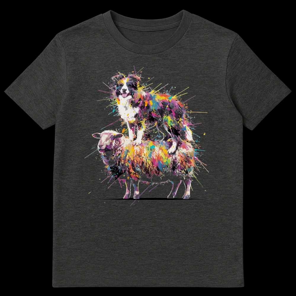 Vibrant splatter paint Border Collie standing on sheep t-shirt design on black background on Dark Heather t-shirt