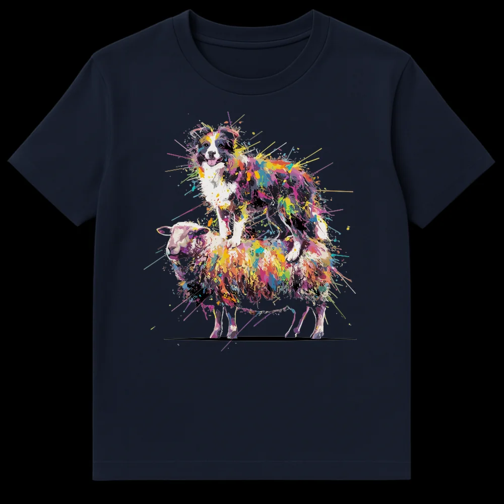 Vibrant splatter paint Border Collie standing on sheep t-shirt design on black background on Navy Blue t-shirt