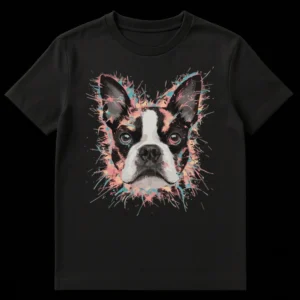Realistic Boston Terrier dog portrait t-shirt with vibrant abstract splash art effects in pink, blue, and gold on a black background on Black t-shirt