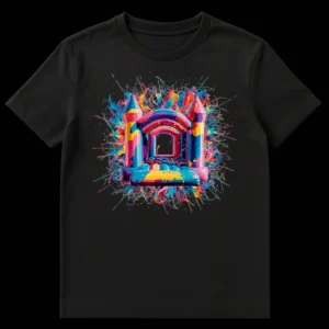 Vibrant Bouncy Castle T-Shirt design with colorful paint splatters on a black background on Black t-shirt