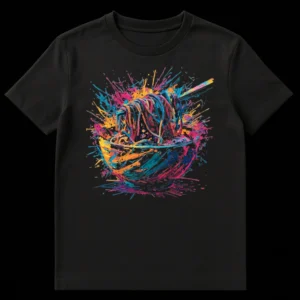 Vibrant noodle bowl t-shirt with chopsticks and colorful paint splatters, neon aesthetic on black background on Black t-shirt