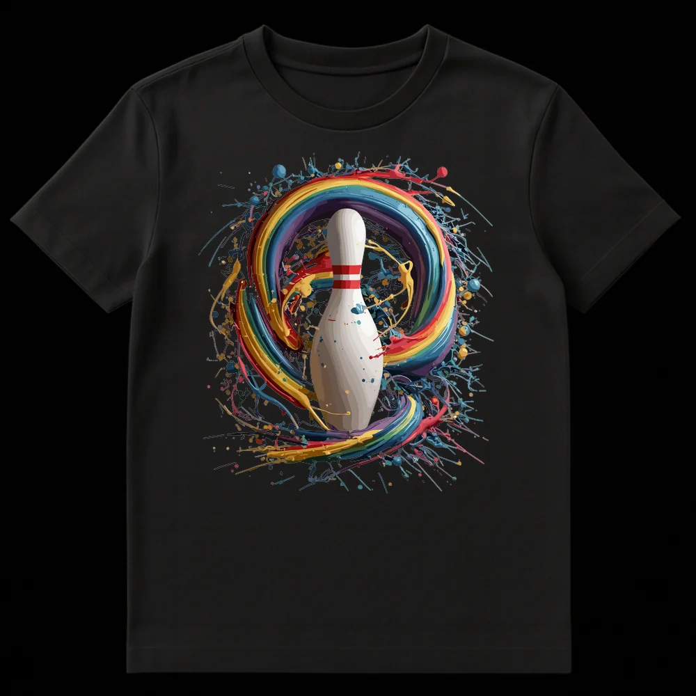 Bowling pin t-shirt with vibrant rainbow paint splatters on black background on Black t-shirt