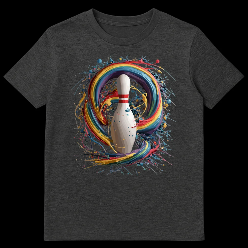 Bowling pin t-shirt with vibrant rainbow paint splatters on black background on Dark Heather t-shirt
